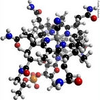 A cobalamina (ou cianocobalamina), tambm  conhecida como vitamina B12. Nome IUPAC (sistemtica) α-(5,6-dimetilbenzimidazolil )cianocobalamina. Molcula em 3D. <br/><br/> Palavras-chave: Vitamina B12. Cobalamina.