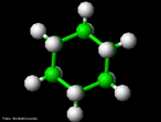 Representao tridimensional da molcula de cicloexano (ou ciclo-hexano, grafado algumas vezes como ciclohexano). Frmula molecular: C6H12. Pode derivar da ciclizao de compostos alifticos, ou da reduo com hidrognio na presena de um catalisador e altas presses de benzeno. O cicloexano tambm  utilizado como matria-prima para a produo de cicloexanona e cicloexanol, os quais alm de serem usados na fabricao de caprolactama e cidos adipicos, possuem outras diversas aplicaes como solvente. Destaca-se uma boa aceitao do cicloexano no processo de desidratao de lcool substituindo o benzeno, com muito menores problemas de toxicidade em relao a este ltimo. Distingue-se dentro de seu usos como solvente: betume e ceras, borracha crua, solventes para teres de celulose, extrao de leos essenciais, gorduras, solvente na indstria de plsticos (especialmente para resinas usadas em revestimentos de fios), leos, removedor de pintura e verniz. <br/><br/> Palavras-chave: Cicloexano. Hidrocarbonetos. Funes qumicas. Qumica orgnica. Solventes.