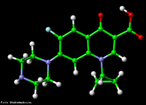 Representao tridimensional da molcula de Ciprofaxino, tambm chamado de Cipro. Antibitico usado em infeces bacterianas. Nomenclatura IUPAC: 1-cyclopropyl-6-fluoro-1,4-dihydro-4-oxo-7-(1-piperazinyl)-3-quinolinecarboxylic acid. Frmula Molecular: C17H18FN3O3. Massa Molar:331.4 g/mol. <br/><br/> Palavras-chave: Molculas. Cipro. Ciprofaxino. Substncias qumicas. Medicamentos. Drogas.