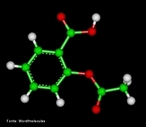 Representao tridimensional da molcula de cido Acetilsaliclico - AAS  um medicamento utilizado como anti-inflamatrio, antipirtico, analgsico. , em estado puro, um p de cristalino branco ou cristais incolores, pouco solvel na gua, facilmente solvel no lcool e solvel no ter. A origem do nome Aspirina: o A vem de acetil. Spir se refere a Spiraea ulmaria (planta que fornece o cido saliclico). E o in era um sufixo utilizado na poca. Aspirina, em alguns pases,  ainda nome comercial registrado, propriedade dos laboratrios farmacuticos da Bayer para o composto cido acetilsaliclico. No entanto,  igualmente reconhecido como nome genrico do princpio activo, e  por esse nome que  habitualmente referida na literatura farmacolgica e mdica.  o medicamento mais conhecido e consumido em todo o mundo. Em 1999 a Aspirina completou 100 anos. Nomenclatura IUPAC: cido 2-acetoxibenzico. Frmula molecular: C9H8O4. Massa Molar: 180,157 g/mol. <br/><br/> Palavras-chave: Molculas. cido acetilsaliclico. AA. Aspirina. Substncias qumicas. Medicamentos. Drogas.