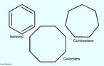 Imagem de Hidrocarbonetos de Cadeia Cclica, dois saturados - cicloheptano e cicloctano, e um de cadeia insaturada, benznica ou aromtica, o benzeno. <br/><br/> Palavras-chave: Hidrocarbonetos. Cadeia cclica. Cicloctano. Cicloheptano. Benzeno. Qumica orgnica.