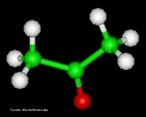 Representao tridimensional da molcula de acetona (tambm conhecida como dimetilcetona, 2-propanona, propan-2-ona ou simplesmente propanona) com frmula qumica CH3(CO)CH3, massa molar: 58,08 g/mol,  um composto orgnico sinttico que tambm ocorre naturalmente no meio ambiente.  um lquido incolor de odor e sabor fceis de distinguir. Evapora facilmente,  inflamvel e solvel em gua. A acetona  utilizada como solvente em esmaltes, tintas e vernizes; na extraco de leos e na fabricao de frmacos. Possui emprego na indstria de explosivos como gelatinizante da plvora sem fumaa (nitrocelulose) e como produto inicial de snteses qumicas, em especial na indstria farmacutica. Pequenas quantidades de acetona so metabolicamente produzidas no corpo, principalmente da gordura. Nos humanos, engordar aumenta significativamente sua produo endgena (cetose). Acetona pode ser elevada em diabetes. <br/><br/> Palavras-chave: Acetona. Propanona. Cetonas. Funes qumicas. Qumica orgnica. Solventes.