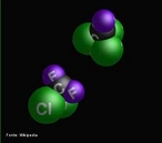 Representao de molculas de CFC em 3D. A qumica do cloro  a principal responsvel pela destruio da camada do oznio. A produo industrial e a utilizao dos clorofluorcarbonetos (CFC) introduziram uma nova fonte de cloro na atmosfera. <br/><br/> Palavras-chave: CFC. Camada de oznio. Clorofluorcarbonetos.