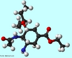 Representao tridimensional da molcula de Oseltamivir, nome comercial Tamiflu. O Fosfato de oseltamivir  um pr-frmaco ester etil que no possui atividade antiviral, onde aps metabolizao pelo fgado e trato gastrintestinal  transformado em carboxilato de oseltamivir e assim torna-se seletivo contra o vrus influenza dos tipos A e B. Frmula molecular: C16H28N2O4. Massa Molar: 312.4 g/mol. Nome IUPAC: ethyl (3R,4R,5S)-5-amino-4-acetamido-3-(pentan-3-yloxy)cyclohex-1-ene-1-carboxylate. <br/><br/> Palavras-chave: Oseltamivir. Tamiflu. Molculas. Qumica orgnica. Funes qumicas.