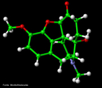 Representao tridimensional da molcula de Oxicodona.  um medicamento opiceo analgsico potencialmente viciante sintetizado a partir da tebana. Normalmente prescrito para o tratamento da dor em pacientes com cncer. Foi desenvolvida em 1916 na Alemanha e introduzina no mercado farmacutico com a marca Eukodal e Dinarkon. Seu nome qumico  derivado da codena, pois as suas estructuras qumicas so bastante semelhantes. Nomenclatura IUPAC: 4,5α-epoxy-14-hydroxy-3-methoxy-17-methylmorphinan-6-one. Frmula Molecular: C18H21NO4. Massa Molar: 315,364 g/mol. <br/><br/> Palavras-chave: Molculas. Oxicodona. Substncias qumicas. Medicamentos. Drogas.