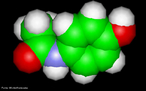 Representao tridimensional da molcula de acetoaminofeno ou pareacetamol. A origem das palavras acetaminofeno e paracetamol tem a ver com a nomenclatura usada em qumica orgnica: N-acetil-para-aminofenol e para-acetil-aminofenol. Nomenclatura IUPAC: N-(4-hidroxifenil)etanamida. Frmula molecular: C8H9NO. Massa Molar: 151,163 g/mol. Paracetamol ou acetaminofeno  um frmaco com propriedades analgsicas, mas sem propriedades anti-inflamatrias clinicamente significativas. Atua por inibio da sntese das prostaglandinas, mediadores celulares responsveis pelo aparecimento da dor. Esta substncia tem tambm efeitos antipirticos. <br/><br/> Palavras-chave: Molculas. Paracetamol. Acetaminofeno. Substncias qumicas. medicamentos. Drogas.