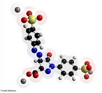 A tartrazina, tambm conhecida como E102,  um pigmento sinttico pertencente ao grupo funcional dos azo-compostos (compostos orgnicos que apresentam nitrognio em sua estrutura qumica), e que proporciona a cor amarelo-limo se utilizada como corante alimentar, por exemplo. Molcula em 3D. <br/><br/> Palavras-chave: Tartrazina. Pigmento sinttico. Azo-composto. Corante alimentar.